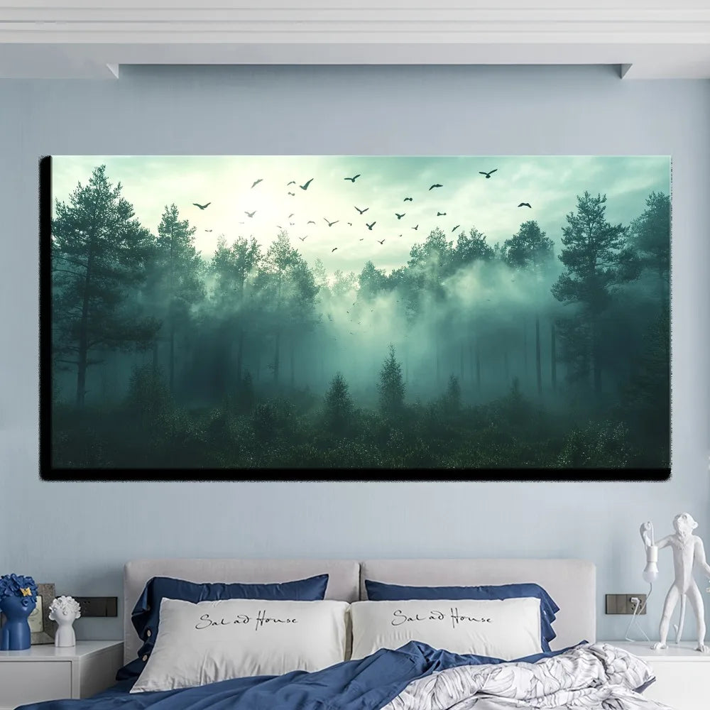 Black & White Foggy Forest Mountain Canvas Wall Art – Solid Pine Wood Frame, 3 Sizes