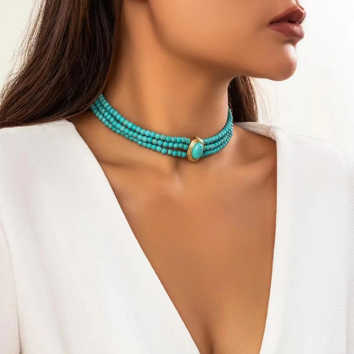 Turquoise Choker Necklace Women 3 Layers Multi Strands Necklace 20s Turquoise Bib Pendant Choker Party Jewelry Mother's Day Gift