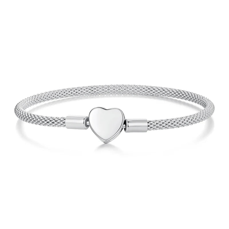 WOSTU 925 Sterling Silver Vintage Rose Flower Love Heart Bangle Bracelet Fit DIY Bracelets Women Valentine Mother's Day Gift