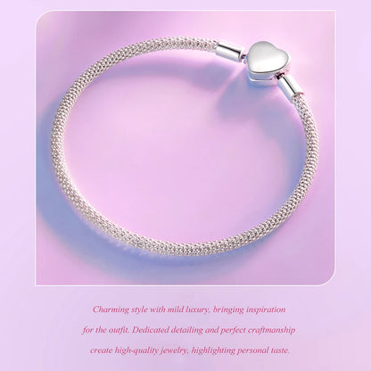 WOSTU 925 Sterling Silver Vintage Rose Flower Love Heart Bangle Bracelet Fit DIY Bracelets Women Valentine Mother's Day Gift