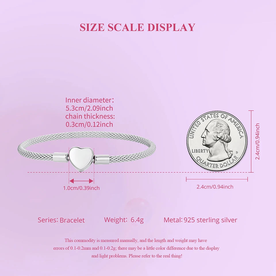 WOSTU 925 Sterling Silver Vintage Rose Flower Love Heart Bangle Bracelet Fit DIY Bracelets Women Valentine Mother's Day Gift