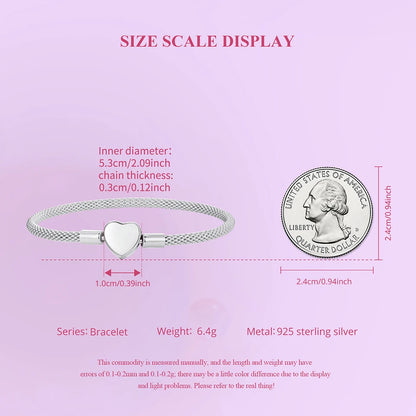 WOSTU 925 Sterling Silver Vintage Rose Flower Love Heart Bangle Bracelet Fit DIY Bracelets Women Valentine Mother's Day Gift