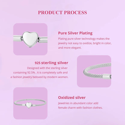 WOSTU 925 Sterling Silver Vintage Rose Flower Love Heart Bangle Bracelet Fit DIY Bracelets Women Valentine Mother's Day Gift