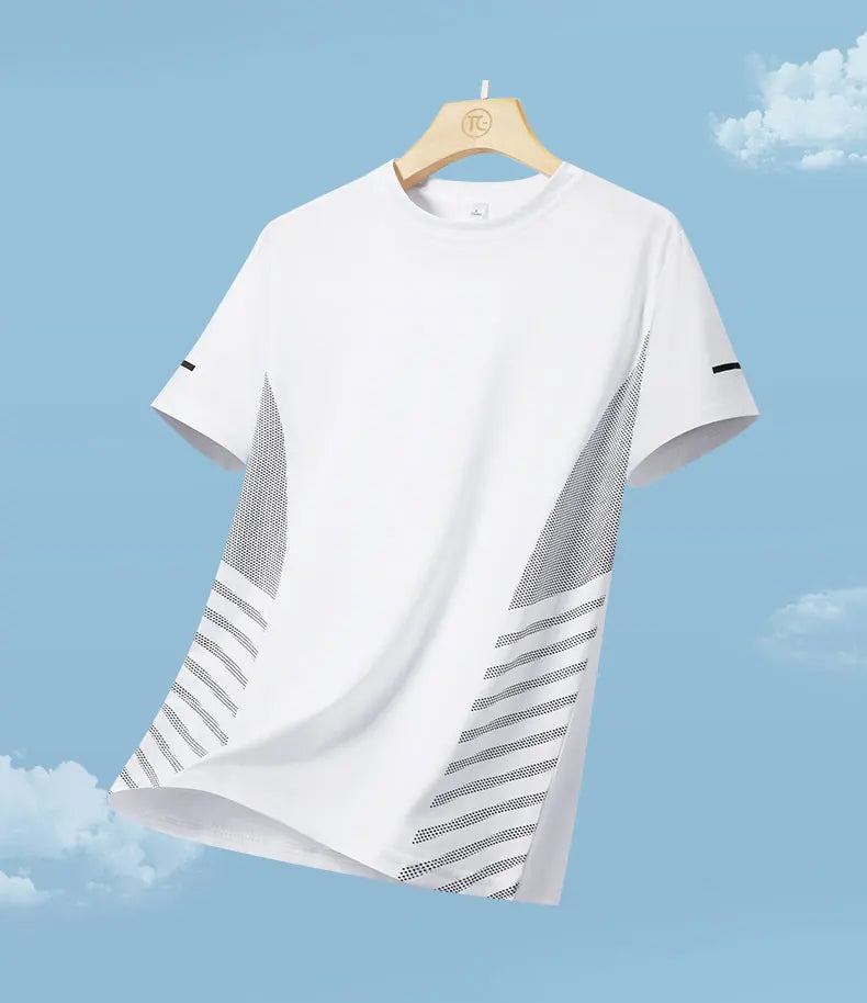 Men’s Ice Silk Running T-Shirt – Quick-Dry, Breathable Mesh, Moisture-Wicking Sports Tee with Reflective Print – Plus Size M–5XL