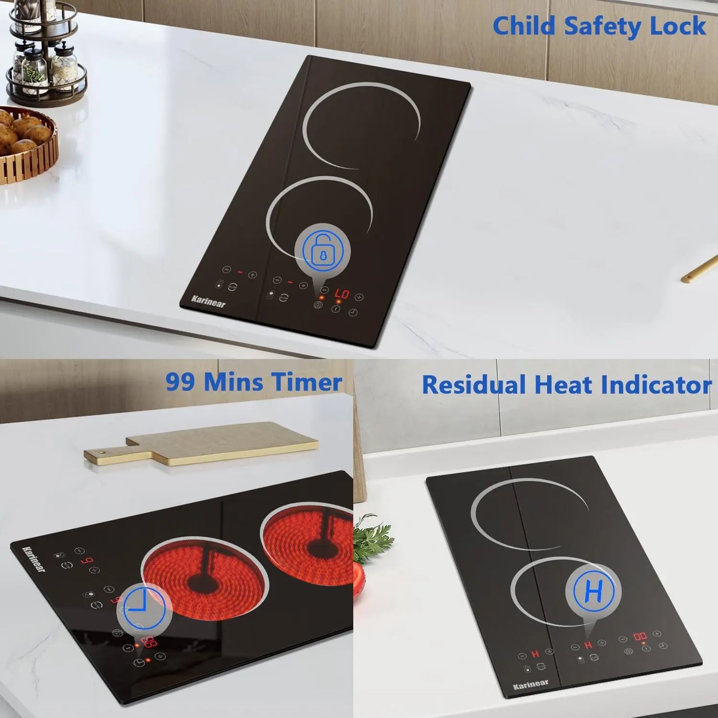 Karinear 110V 2-Burner Electric Cooktop | 12" Plug-In Ceramic Countertop | Origin Zero