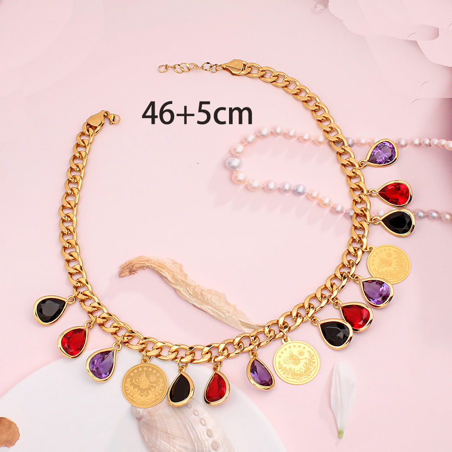 Ottoman Totem Chain Necklace Gold Plated with Water Drop Rhinestone Ethnic Bridal Jewelry Turkey Coin Wedding Accessories