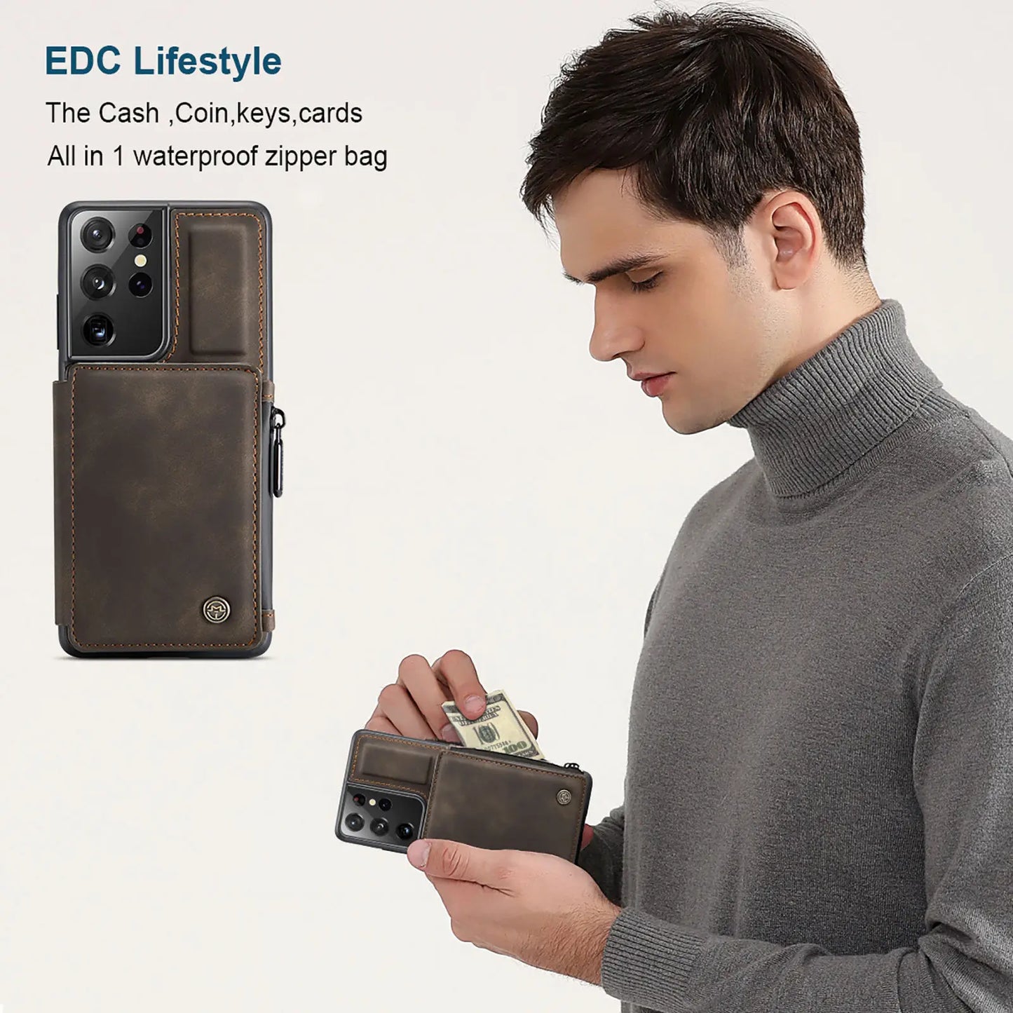 Samsung Galaxy S21 / S21+ / S21 Ultra Leather Wallet Case – Card Slots, Zipper Pocket & Kickstand