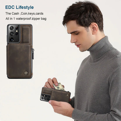 Samsung Galaxy S21 / S21+ / S21 Ultra Leather Wallet Case – Card Slots, Zipper Pocket & Kickstand