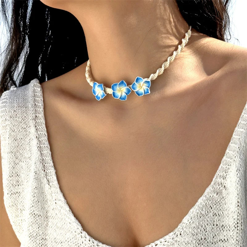 Bohemian Polymer Clay Beads Flower Necklace for Women Handmade Woven Rope Chain Necklace Summer Beach Jewelry Y2K Accessories