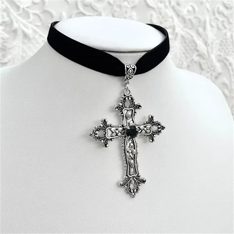 Limited Black Velvet Cross Bead Necklace for Women, Gothic Choker, Grunge, Gorgeous Jewelry, Punk Gift, Statement Goth, New