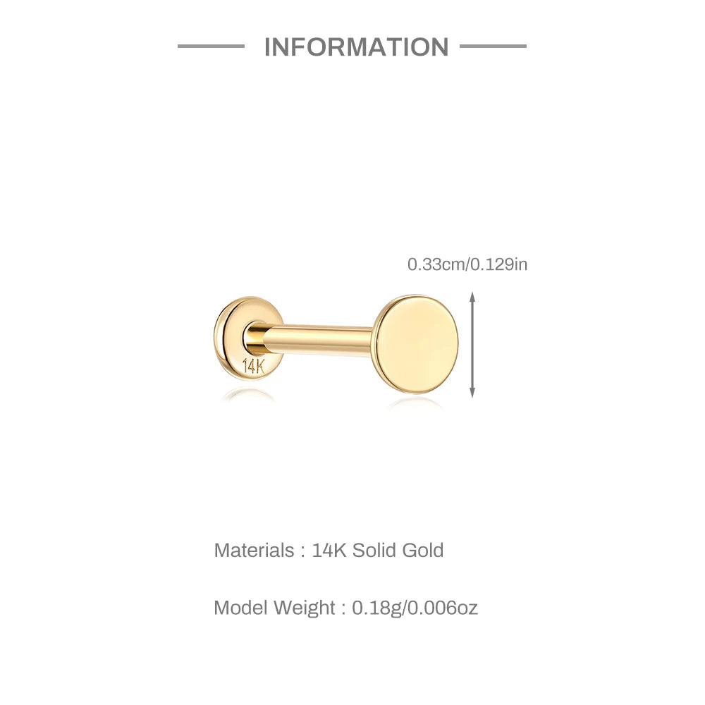 Aide Plata 100% Real 14K Solid Gold 5/6.5/8mm Length Stud Earring Simple Design Piercing Ear Bone Ear Studs DIY Vintage Jewelry