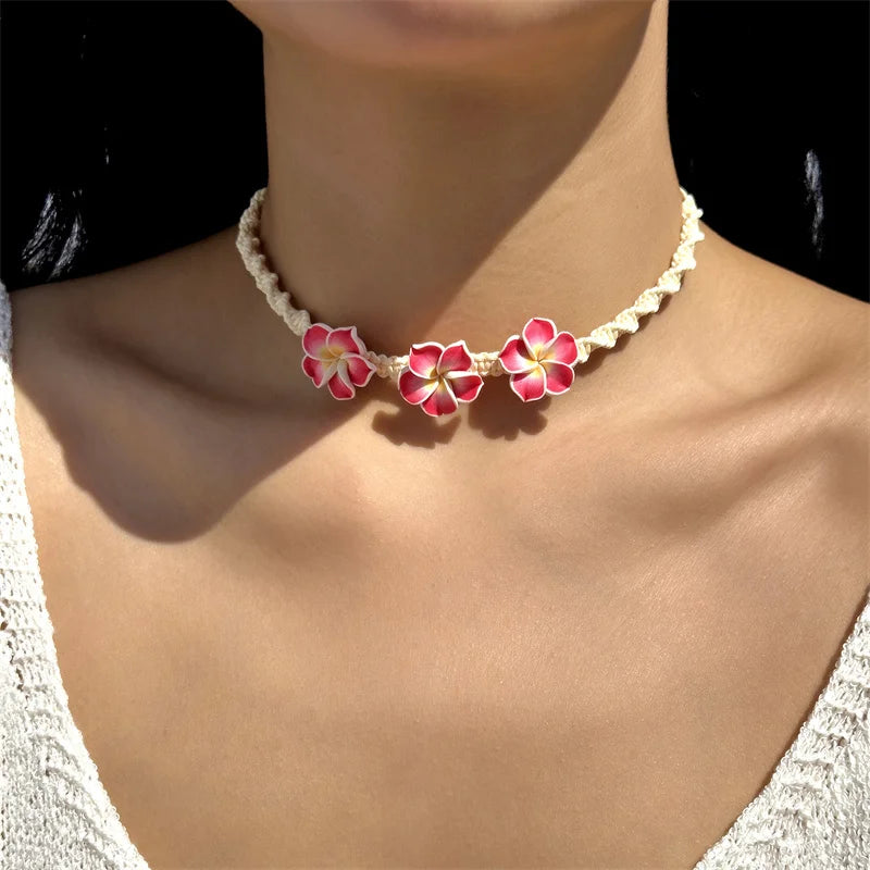 Bohemian Polymer Clay Beads Flower Necklace for Women Handmade Woven Rope Chain Necklace Summer Beach Jewelry Y2K Accessories