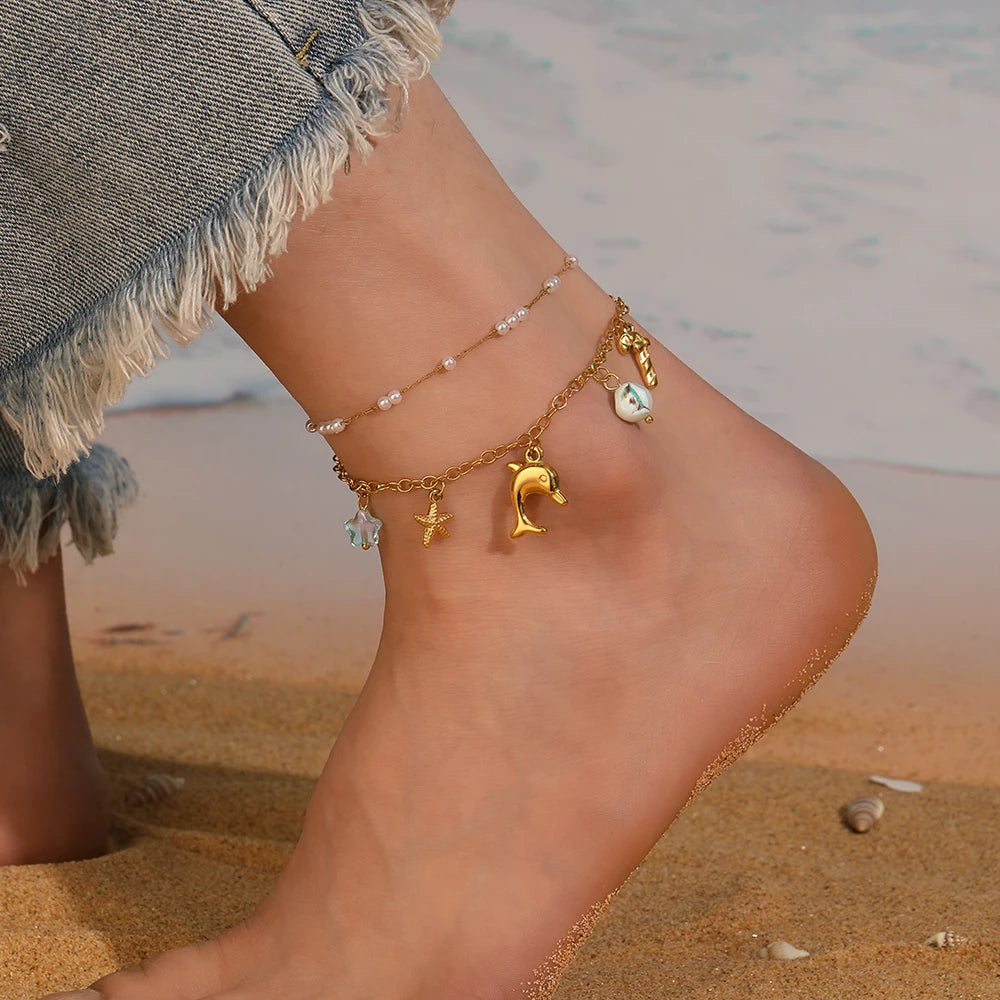 Stainless Steel Dolphin Scallop Natural Stone Anklets For Women New Sea Ocean Series Foot Chains Jewelry Gift