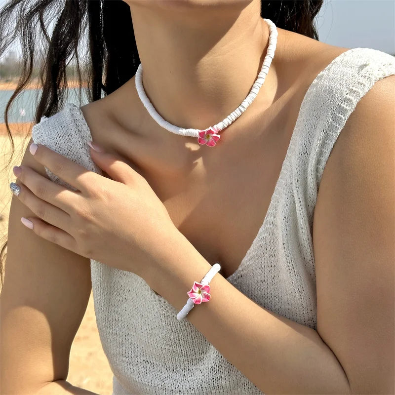 Bohemian Polymer Clay Beads Flower Necklace for Women Handmade Woven Rope Chain Necklace Summer Beach Jewelry Y2K Accessories