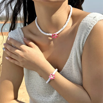 Bohemian Polymer Clay Beads Flower Necklace for Women Handmade Woven Rope Chain Necklace Summer Beach Jewelry Y2K Accessories