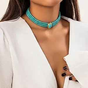 Turquoise Choker Necklace Women 3 Layers Multi Strands Necklace 20s Turquoise Bib Pendant Choker Party Jewelry Mother's Day Gift