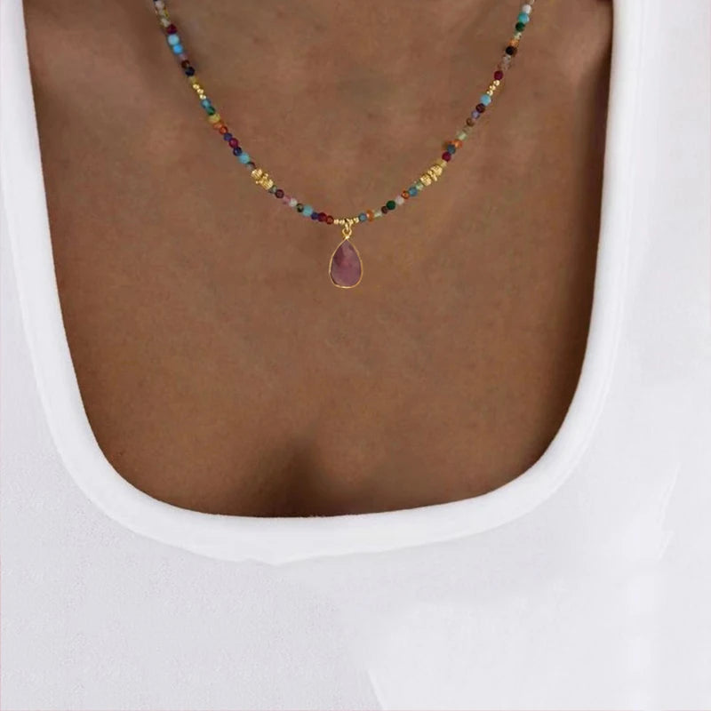 Bohemian Fashion Colorful Natural Stone Beaded Collar New Water Drop Pendant Jewelry Mother's Day Gift