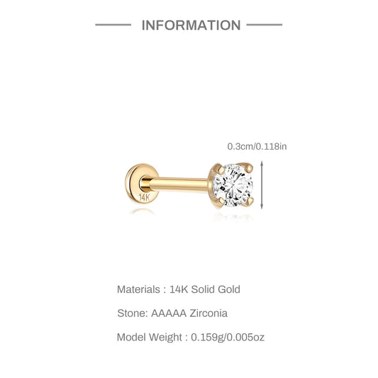 Aide Plata 100% Real 14K Solid Gold 5/6.5/8mm Length Stud Earring Simple Design Piercing Ear Bone Ear Studs DIY Vintage Jewelry