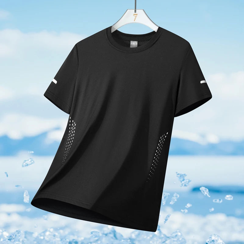 Men’s Ice Silk Running T-Shirt – Quick-Dry, Breathable Mesh, Moisture-Wicking Sports Tee with Reflective Print – Plus Size M–5XL