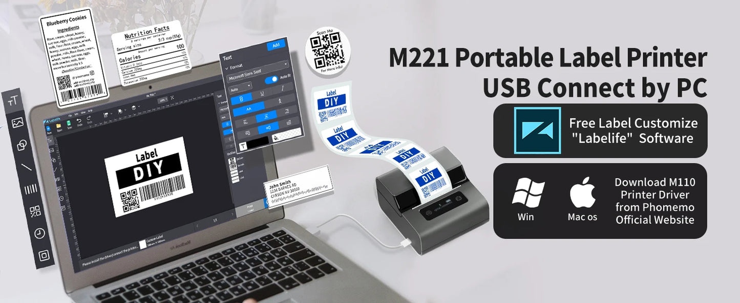 Phomemo Label and Upgrade Portable Label Maker M221 Barcode Label Printer Bluetooth Thermal Inkless Label Maker Support Phone&PC
