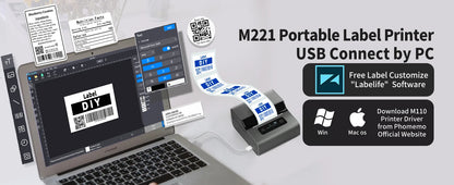 Phomemo Label and Upgrade Portable Label Maker M221 Barcode Label Printer Bluetooth Thermal Inkless Label Maker Support Phone&PC
