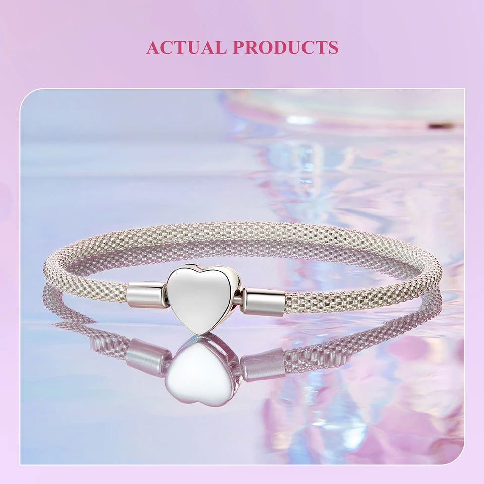 WOSTU 925 Sterling Silver Vintage Rose Flower Love Heart Bangle Bracelet Fit DIY Bracelets Women Valentine Mother's Day Gift