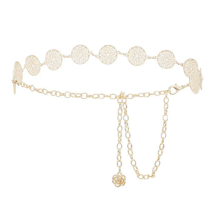 Elegant Round Metal Belt For Women Retro Gold Silver Carved Hollow Out Waistband Fashion Dress Decoration