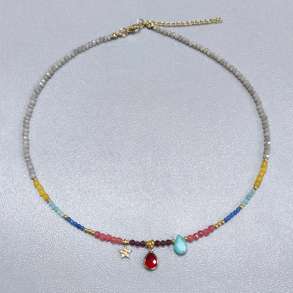 Bohemian Fashion Colorful Natural Stone Beaded Collar New Water Drop Pendant Jewelry Mother's Day Gift