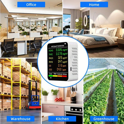 6-in-1 Indoor Air Quality Monitor – CO2, PM2.5, PM10, HCHO, TVOC Detector with LCD Display
