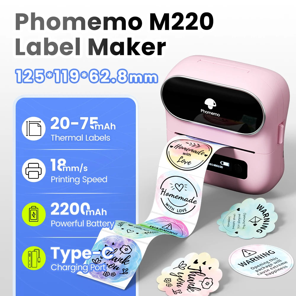 Phomemo Label Printer M220 Label Maker Mini Barcode Label Printer Wireless Portable Sticker Label Maker Machine for Address