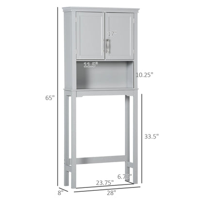 Kleankin Modern over the Toilet Storage Cabinet, Double Door Bathroom Organizer with Inner Adustable Shelf and Open Shelf, Grey