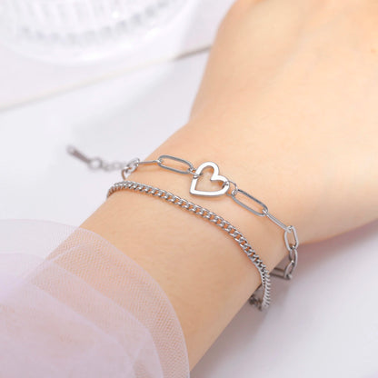 Skyrim Heart Charm Bracelet Women Stainless Steel Double Layer Paperclip Chain Bracelets Jewelry Valentine's Day Gift for Lover