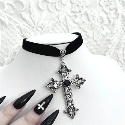 Limited Black Velvet Cross Bead Necklace for Women, Gothic Choker, Grunge, Gorgeous Jewelry, Punk Gift, Statement Goth, New