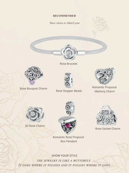 WOSTU 925 Sterling Silver Vintage Rose Flower Love Heart Bangle Bracelet Fit DIY Bracelets Women Valentine Mother's Day Gift