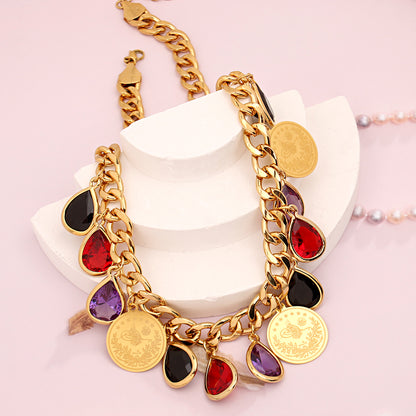 Ottoman Totem Chain Necklace Gold Plated with Water Drop Rhinestone Ethnic Bridal Jewelry Turkey Coin Wedding Accessories