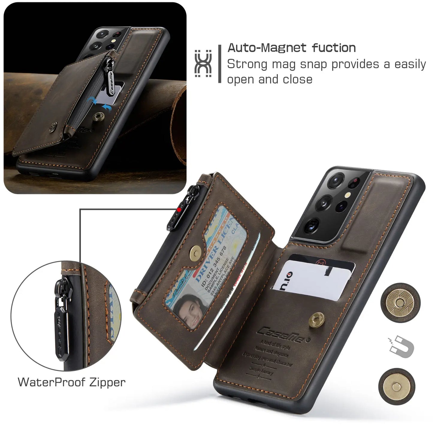 Samsung Galaxy S21 / S21+ / S21 Ultra Leather Wallet Case – Card Slots, Zipper Pocket & Kickstand