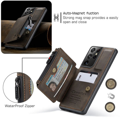 Samsung Galaxy S21 / S21+ / S21 Ultra Leather Wallet Case – Card Slots, Zipper Pocket & Kickstand