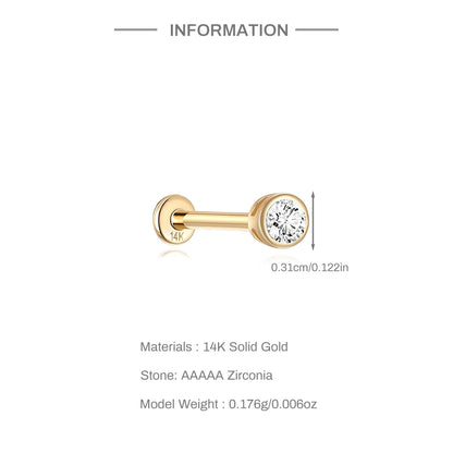 Aide Plata 100% Real 14K Solid Gold 5/6.5/8mm Length Stud Earring Simple Design Piercing Ear Bone Ear Studs DIY Vintage Jewelry
