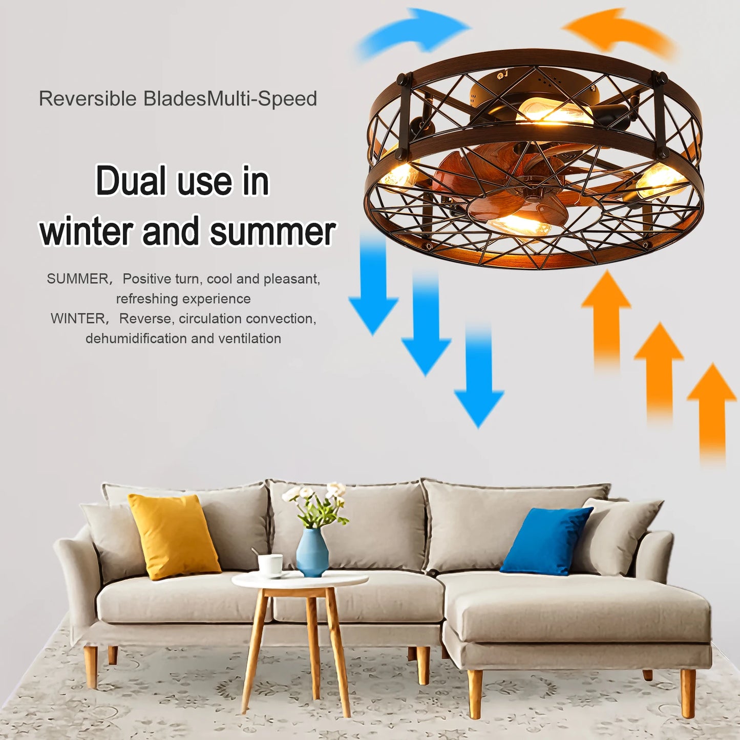 20" Caged Flush Mount Ceiling Fan with Light – Farmhouse Black, Remote Control, 31–40W, 110V/220V