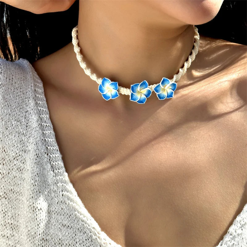 Bohemian Polymer Clay Beads Flower Necklace for Women Handmade Woven Rope Chain Necklace Summer Beach Jewelry Y2K Accessories