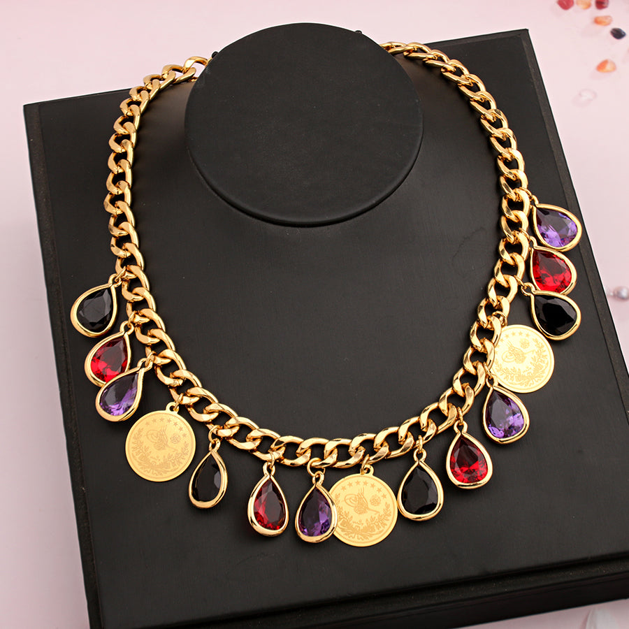 Ottoman Totem Chain Necklace Gold Plated with Water Drop Rhinestone Ethnic Bridal Jewelry Turkey Coin Wedding Accessories