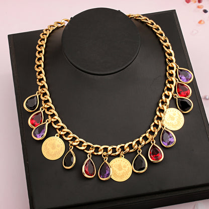 Ottoman Totem Chain Necklace Gold Plated with Water Drop Rhinestone Ethnic Bridal Jewelry Turkey Coin Wedding Accessories