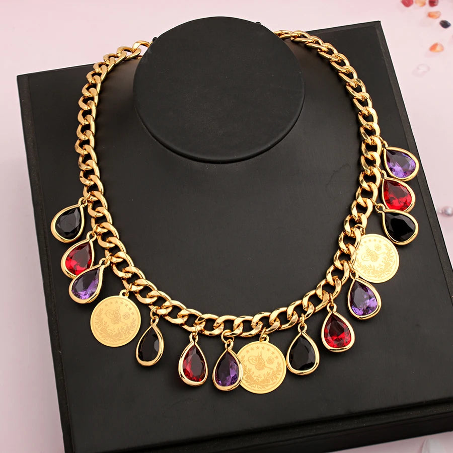 Ottoman Totem Chain Necklace Gold Plated with Water Drop Rhinestone Ethnic Bridal Jewelry Turkey Coin Wedding Accessories