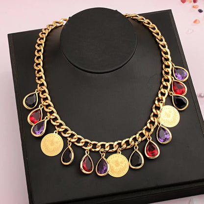 Ottoman Totem Chain Necklace Gold Plated with Water Drop Rhinestone Ethnic Bridal Jewelry Turkey Coin Wedding Accessories