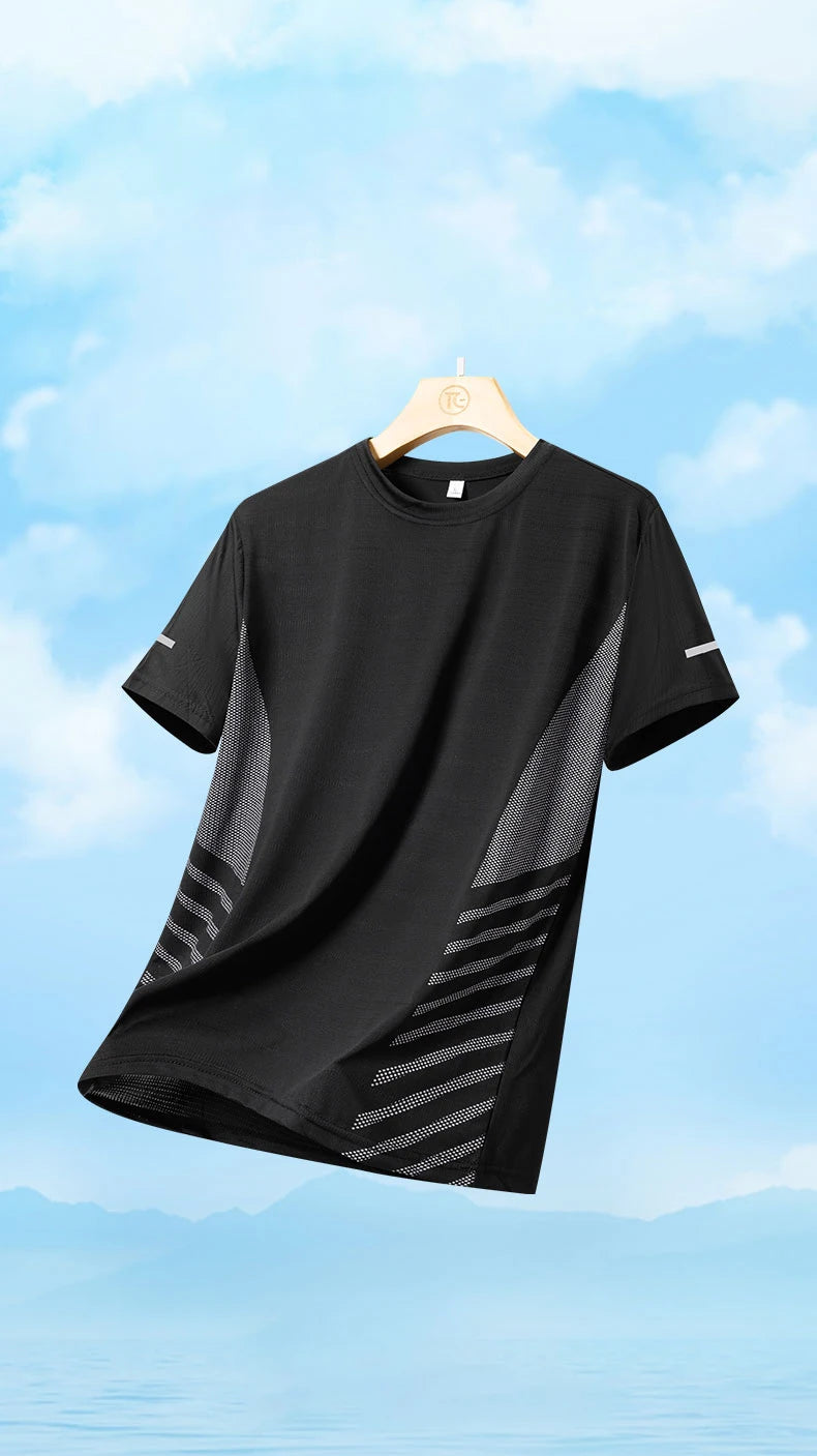 Men’s Ice Silk Running T-Shirt – Quick-Dry, Breathable Mesh, Moisture-Wicking Sports Tee with Reflective Print – Plus Size M–5XL