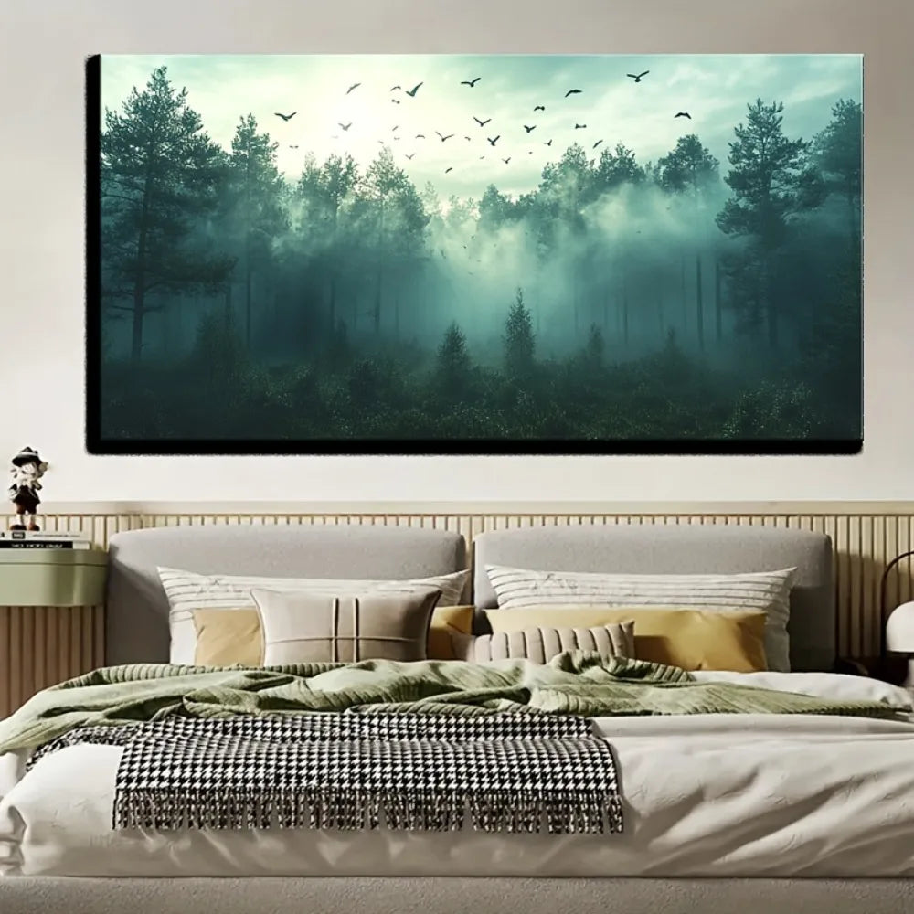 Black & White Foggy Forest Mountain Canvas Wall Art – Solid Pine Wood Frame, 3 Sizes