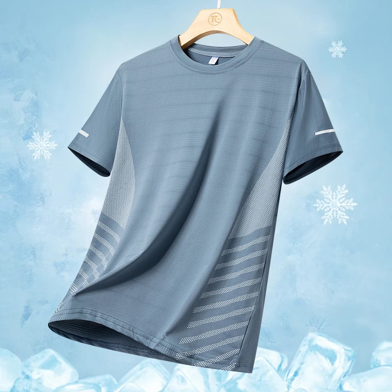Men’s Ice Silk Running T-Shirt – Quick-Dry, Breathable Mesh, Moisture-Wicking Sports Tee with Reflective Print – Plus Size M–5XL