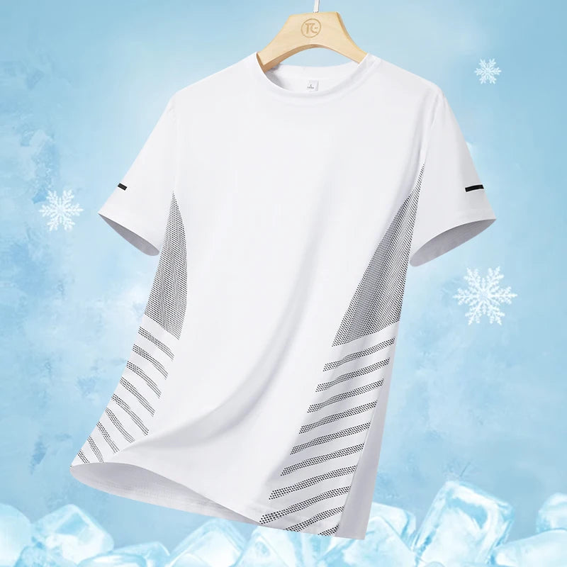 Men’s Ice Silk Running T-Shirt – Quick-Dry, Breathable Mesh, Moisture-Wicking Sports Tee with Reflective Print – Plus Size M–5XL