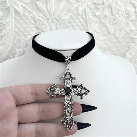 Limited Black Velvet Cross Bead Necklace for Women, Gothic Choker, Grunge, Gorgeous Jewelry, Punk Gift, Statement Goth, New