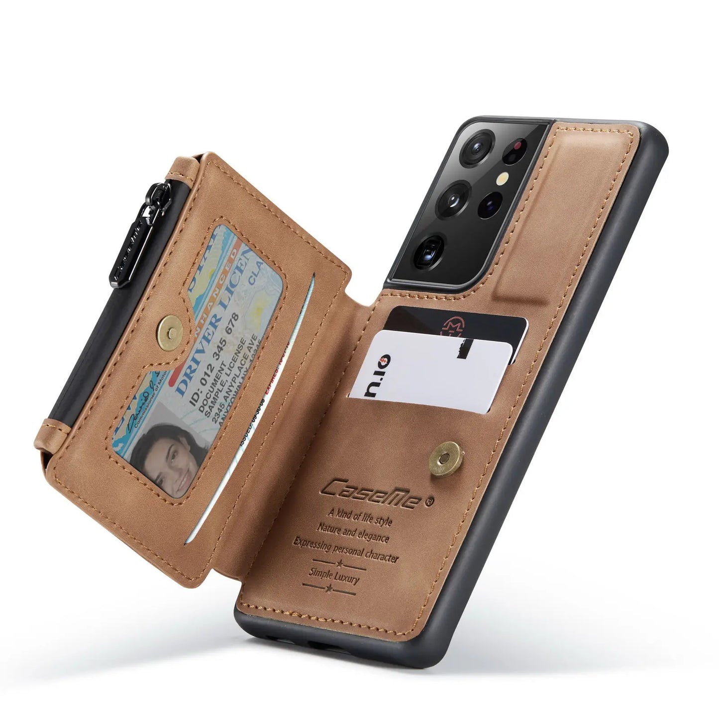 Samsung Galaxy S21 / S21+ / S21 Ultra Leather Wallet Case – Card Slots, Zipper Pocket & Kickstand